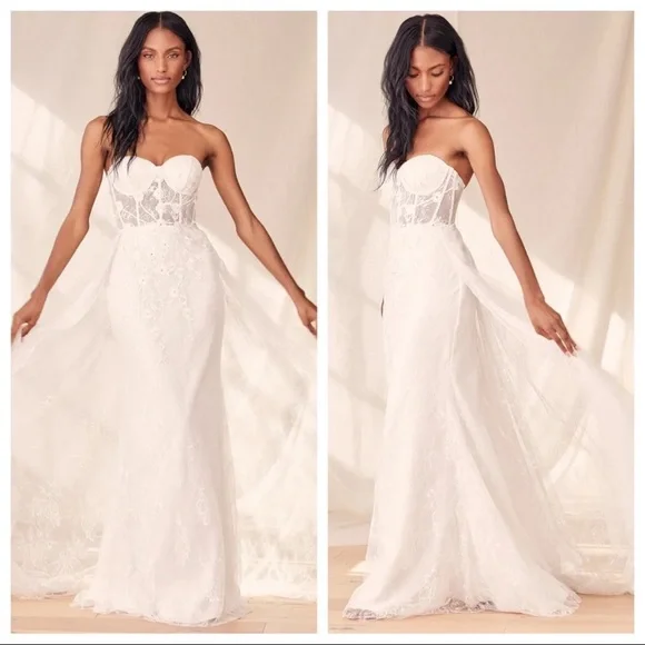 NWOT Lulus Luxe Elegance White Lace Embroidered Rhinestone Strapless Maxi Dress - Picture 4 of 17